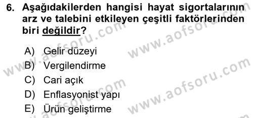 Hayat Sigortaları Ve Bireysel Emeklilik Sistemi Dersi 2023 - 2024 Yılı (Vize) Ara Sınav Soruları 6. Soru
