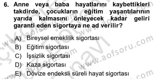 Hayat Sigortaları Ve Bireysel Emeklilik Sistemi Dersi 2023 - 2024 Yılı (Final) Dönem Sonu Sınav Soruları 6. Soru