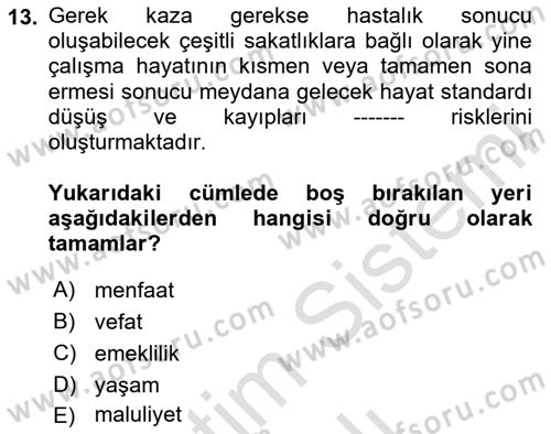 Hayat Sigortaları Ve Bireysel Emeklilik Sistemi Dersi 2023 - 2024 Yılı Yaz Okulu Sınav Soruları 13. Soru