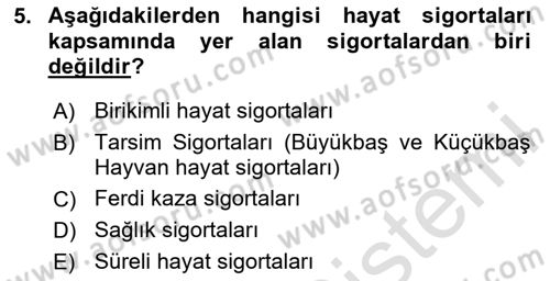 Hayat Sigortaları Ve Bireysel Emeklilik Sistemi Dersi 2023 - 2024 Yılı Yaz Okulu Sınav Soruları 5. Soru