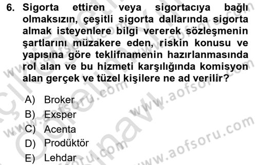 Hayat Sigortaları Ve Bireysel Emeklilik Sistemi Dersi 2023 - 2024 Yılı Yaz Okulu Sınav Soruları 6. Soru