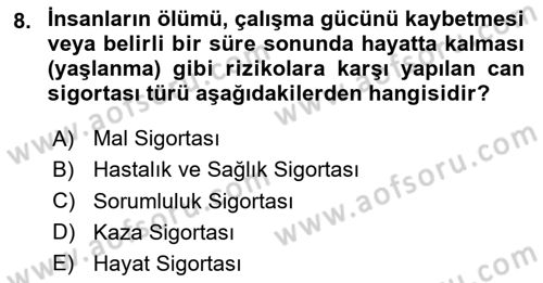 Hayat Sigortaları Ve Bireysel Emeklilik Sistemi Dersi 2023 - 2024 Yılı Yaz Okulu Sınav Soruları 8. Soru