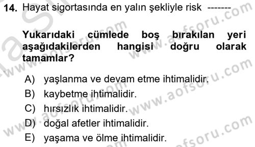 Hayat Sigortaları Ve Bireysel Emeklilik Sistemi Dersi 2024 - 2025 Yılı (Vize) Ara Sınav Soruları 14. Soru