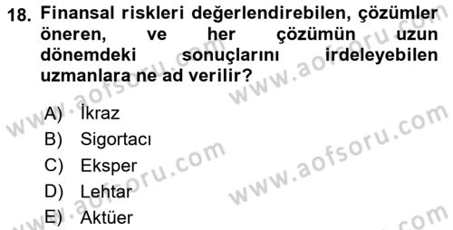 Hayat Sigortaları Ve Bireysel Emeklilik Sistemi Dersi 2024 - 2025 Yılı (Vize) Ara Sınav Soruları 18. Soru