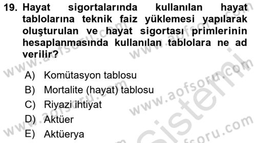 Hayat Sigortaları Ve Bireysel Emeklilik Sistemi Dersi 2024 - 2025 Yılı (Vize) Ara Sınav Soruları 19. Soru