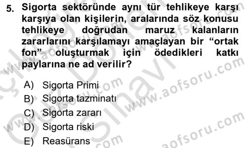 Hayat Sigortaları Ve Bireysel Emeklilik Sistemi Dersi 2024 - 2025 Yılı (Final) Dönem Sonu Sınav Soruları 5. Soru