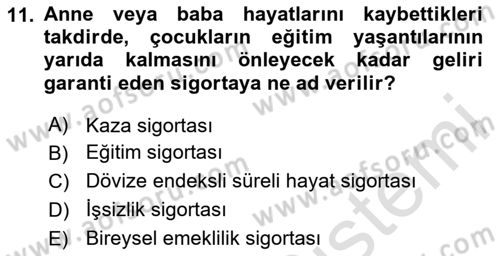 Hayat Sigortaları Ve Bireysel Emeklilik Sistemi Dersi 2024 - 2025 Yılı Yaz Okulu Sınav Soruları 11. Soru