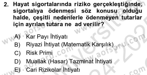 Hayat Sigortaları Ve Bireysel Emeklilik Sistemi Dersi 2024 - 2025 Yılı Yaz Okulu Sınav Soruları 2. Soru