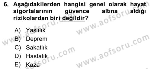 Hayat Sigortaları Ve Bireysel Emeklilik Sistemi Dersi 2024 - 2025 Yılı Yaz Okulu Sınav Soruları 6. Soru