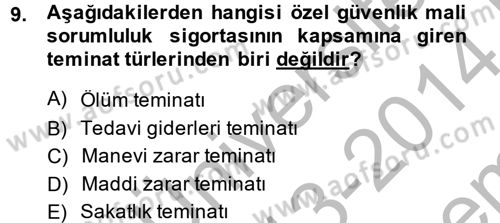 Hayat Dışı Sigortalar Dersi 2013 - 2014 Yılı (Final) Dönem Sonu Sınav Soruları 9. Soru