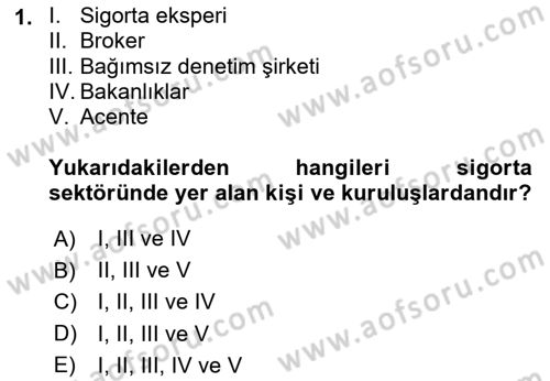 Hayat Dışı Sigortalar Dersi 2024 - 2025 Yılı (Vize) Ara Sınav Soruları 1. Soru