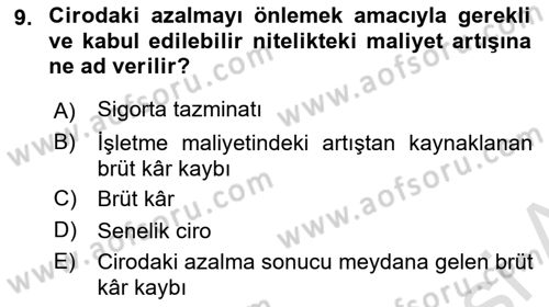 Hayat Dışı Sigortalar Dersi 2024 - 2025 Yılı (Vize) Ara Sınav Soruları 9. Soru