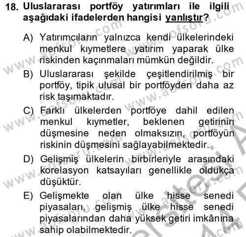 Portföy Yönetimi Dersi 2013 - 2014 Yılı (Vize) Ara Sınavı 18. Soru