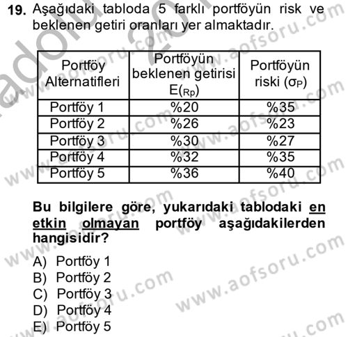 Portföy Yönetimi Dersi 2013 - 2014 Yılı (Vize) Ara Sınavı 19. Soru