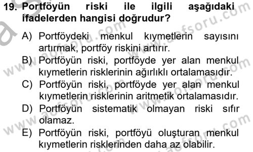 Portföy Yönetimi Dersi 2014 - 2015 Yılı (Vize) Ara Sınav Soruları 19. Soru