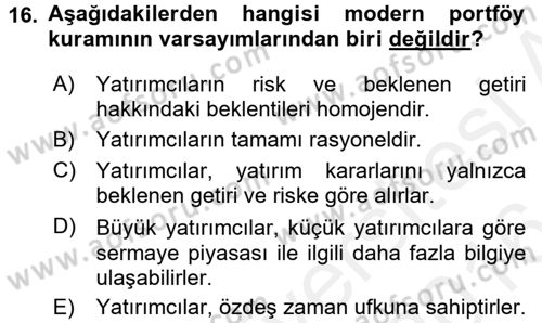 Portföy Yönetimi Dersi 2015 - 2016 Yılı (Vize) Ara Sınav Soruları 16. Soru