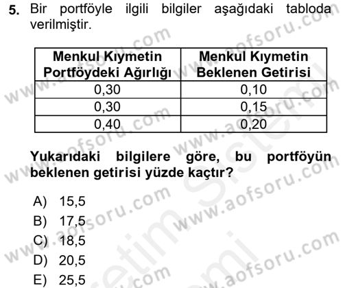 Portföy Yönetimi Dersi 2015 - 2016 Yılı (Vize) Ara Sınav Soruları 5. Soru