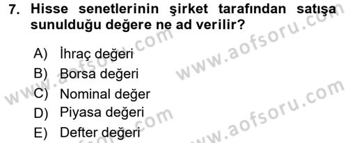 Portföy Yönetimi Dersi 2015 - 2016 Yılı (Vize) Ara Sınav Soruları 7. Soru