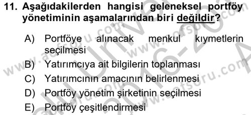 Portföy Yönetimi Dersi 2016 - 2017 Yılı (Vize) Ara Sınav Soruları 11. Soru