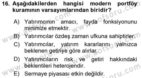 Portföy Yönetimi Dersi 2016 - 2017 Yılı (Vize) Ara Sınav Soruları 16. Soru