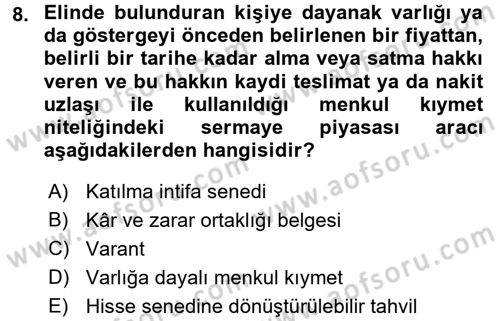Portföy Yönetimi Dersi 2016 - 2017 Yılı (Vize) Ara Sınav Soruları 8. Soru