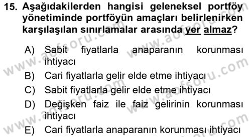 Portföy Yönetimi Dersi 2017 - 2018 Yılı (Vize) Ara Sınav Soruları 15. Soru