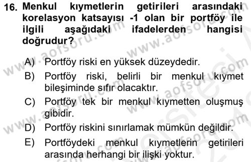 Portföy Yönetimi Dersi 2017 - 2018 Yılı (Vize) Ara Sınav Soruları 16. Soru