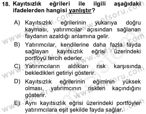 Portföy Yönetimi Dersi 2017 - 2018 Yılı (Vize) Ara Sınav Soruları 18. Soru