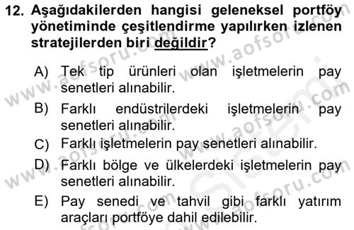 Portföy Yönetimi Dersi 2018 - 2019 Yılı (Vize) Ara Sınav Soruları 12. Soru