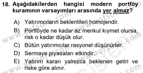 Portföy Yönetimi Dersi 2018 - 2019 Yılı (Vize) Ara Sınav Soruları 18. Soru