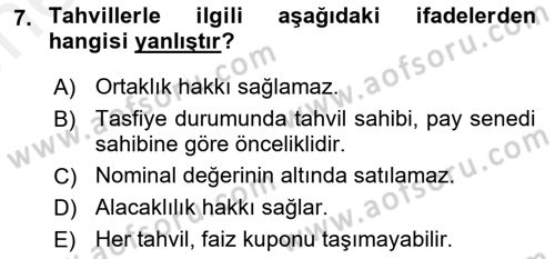 Portföy Yönetimi Dersi 2018 - 2019 Yılı (Vize) Ara Sınav Soruları 7. Soru