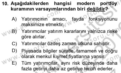 Portföy Yönetimi Dersi 2018 - 2019 Yılı Yaz Okulu Sınav Soruları 10. Soru