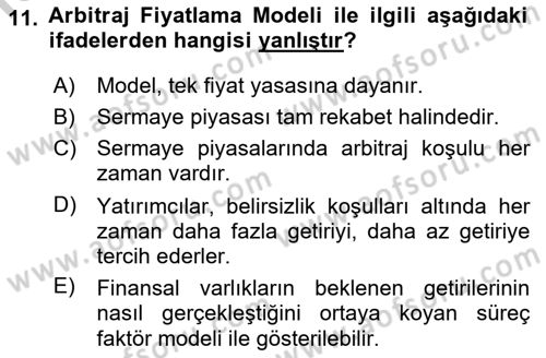 Portföy Yönetimi Dersi 2018 - 2019 Yılı Yaz Okulu Sınav Soruları 11. Soru
