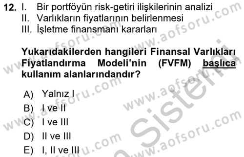 Portföy Yönetimi Dersi 2018 - 2019 Yılı Yaz Okulu Sınav Soruları 12. Soru