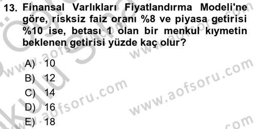 Portföy Yönetimi Dersi 2018 - 2019 Yılı Yaz Okulu Sınav Soruları 13. Soru