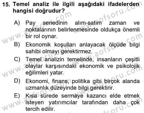 Portföy Yönetimi Dersi 2018 - 2019 Yılı Yaz Okulu Sınav Soruları 15. Soru