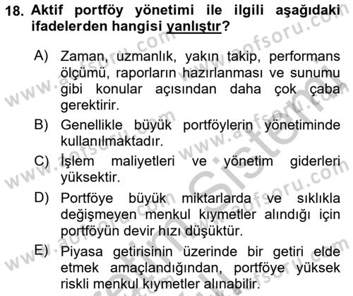 Portföy Yönetimi Dersi 2018 - 2019 Yılı Yaz Okulu Sınav Soruları 18. Soru