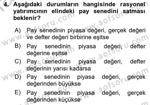 Portföy Yönetimi Dersi 2018 - 2019 Yılı Yaz Okulu Sınav Soruları 4. Soru