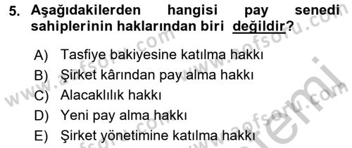 Portföy Yönetimi Dersi 2018 - 2019 Yılı Yaz Okulu Sınav Soruları 5. Soru