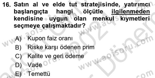 Portföy Yönetimi Dersi 2021 - 2022 Yılı (Final) Dönem Sonu Sınav Soruları 16. Soru
