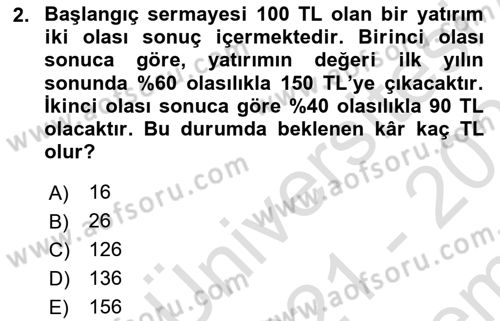 Portföy Yönetimi Dersi 2021 - 2022 Yılı (Final) Dönem Sonu Sınav Soruları 2. Soru
