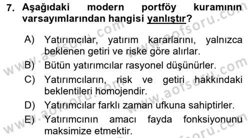 Portföy Yönetimi Dersi 2021 - 2022 Yılı (Final) Dönem Sonu Sınav Soruları 7. Soru