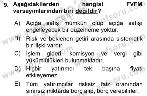 Portföy Yönetimi Dersi 2021 - 2022 Yılı (Final) Dönem Sonu Sınav Soruları 9. Soru