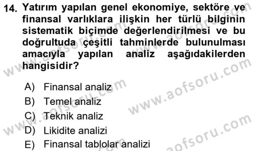 Portföy Yönetimi Dersi 2022 - 2023 Yılı Yaz Okulu Sınav Soruları 14. Soru