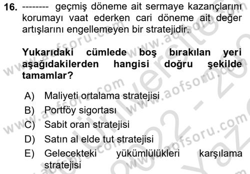 Portföy Yönetimi Dersi 2022 - 2023 Yılı Yaz Okulu Sınav Soruları 16. Soru