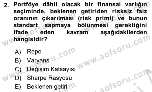 Portföy Yönetimi Dersi 2022 - 2023 Yılı Yaz Okulu Sınav Soruları 2. Soru