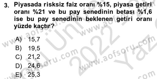 Portföy Yönetimi Dersi 2022 - 2023 Yılı Yaz Okulu Sınav Soruları 3. Soru