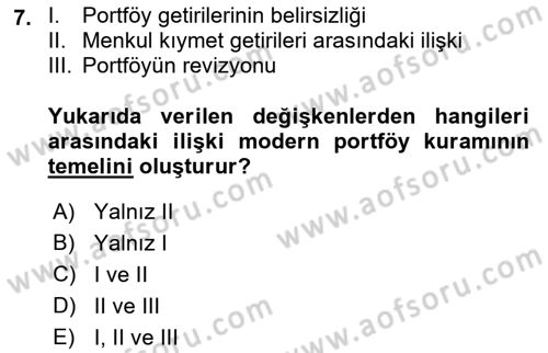 Portföy Yönetimi Dersi 2022 - 2023 Yılı Yaz Okulu Sınav Soruları 7. Soru