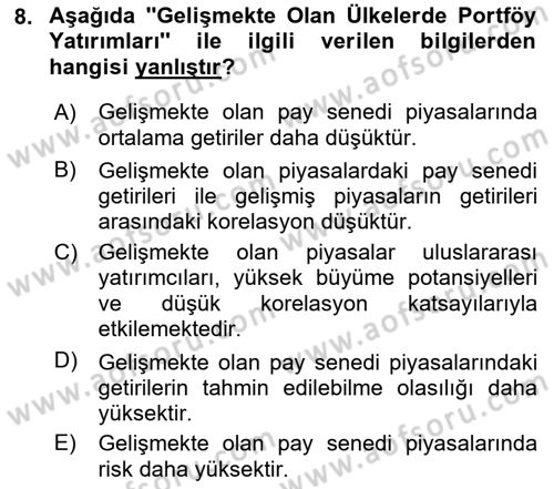 Portföy Yönetimi Dersi 2022 - 2023 Yılı Yaz Okulu Sınav Soruları 8. Soru