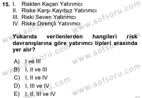 Portföy Yönetimi Dersi 2023 - 2024 Yılı (Vize) Ara Sınav Soruları 15. Soru